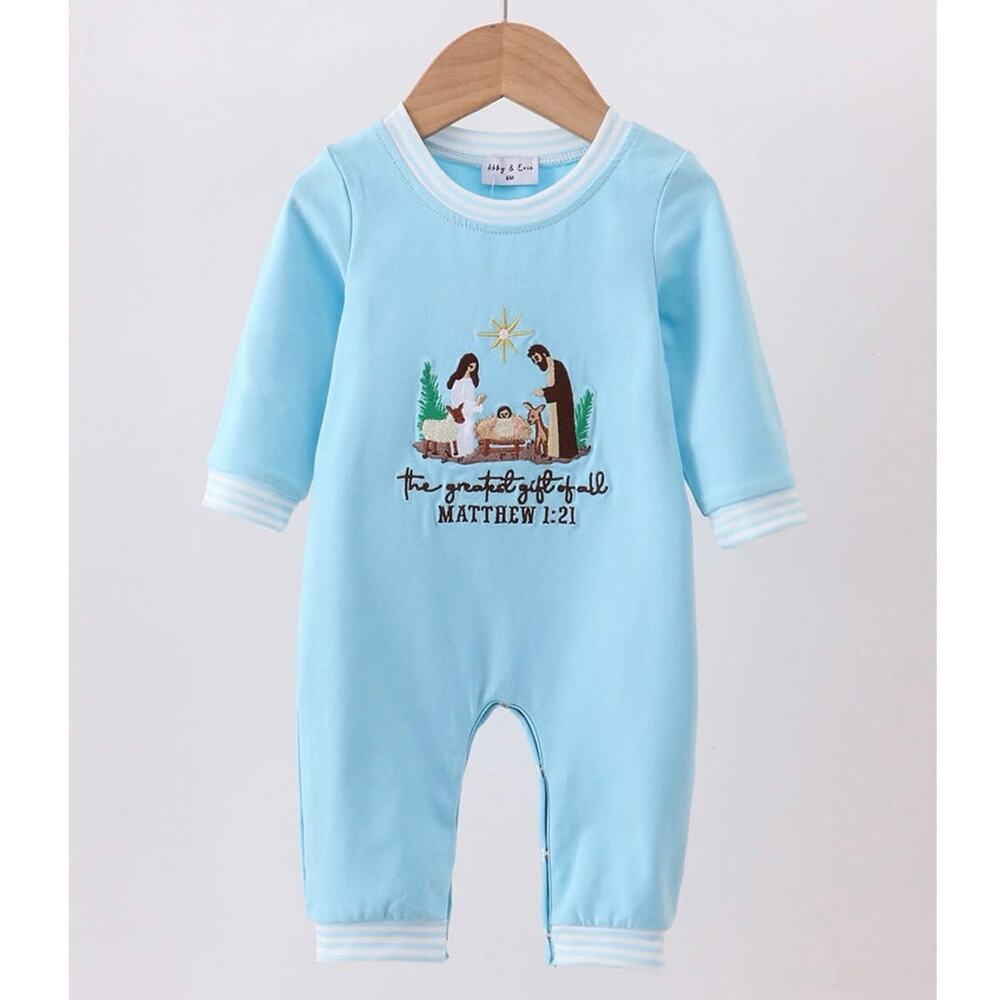 NEW Abby & Evie Christmas Nativity Baby Romper‎ 3M Bible Verse Embroidery
